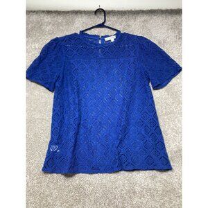 Loft Royal Blue Diamond Lace Short Sleeve Blouse Womens Medium